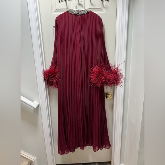 Self Portrait BURGUNDY CHIFFON FEATHER MIDI DRESS $950 NEW without tag - Picture 6 of 8